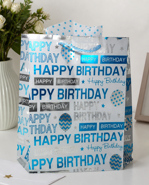 SR069 Пакет подарочный ламинированный 'Happy Birthday', 32*26*12см (B-голубой) арт. АРС-8563-1-АРС0001153713