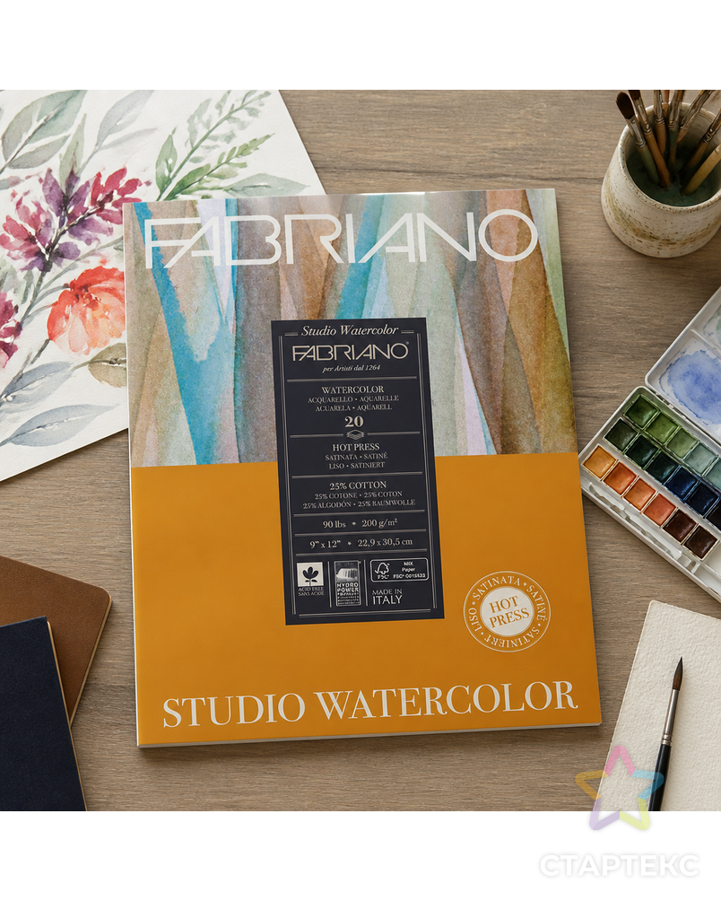 "Fabriano" Альбом для акварели "Watercolour Studio" 25% хлопок, 75% целлюлоза 200 г/м2 A4+ 30.5 х 22.9 см склейка с одной стороны 20 л. арт. ГММ-119365-1-ГММ143678542614 - рис. 1